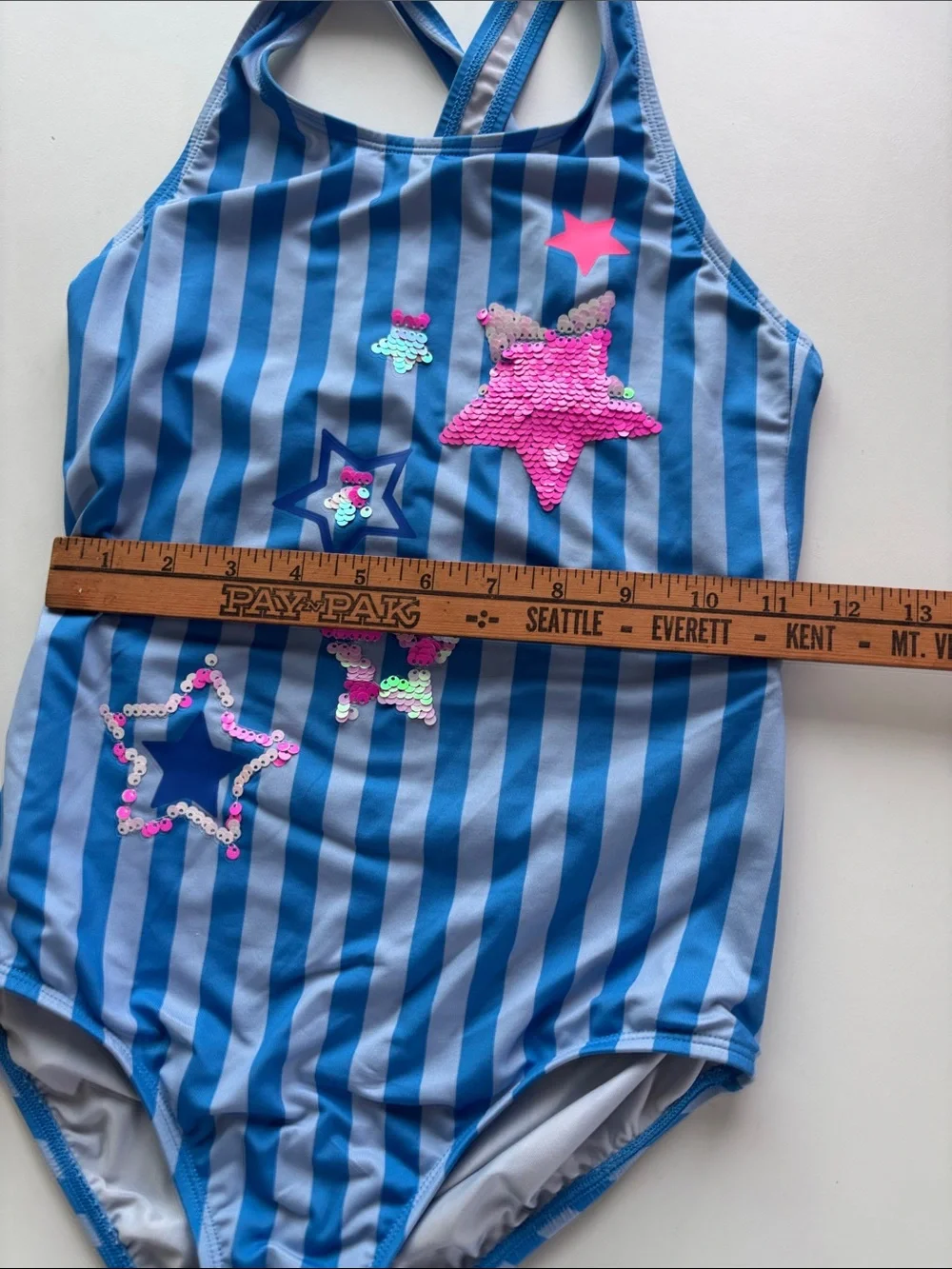Lands' End Blue Striped One-Piece Swimsuit with Pink Sequin Stars -709sku